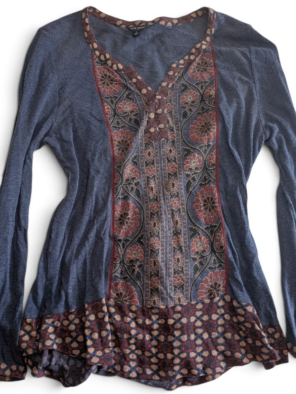 Lucky Brand Heather Blue Floral Medallion Border Print Peasant Top Tunic Large